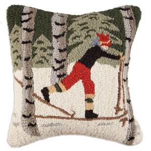 Back Country Skier in Woods 18" Wool Hooked Pillow