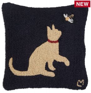 Cat with Honeybee 18" Wool Hooked Pillow