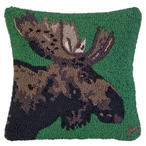 Major Moose on Green 18" Wool Hooked Pillow