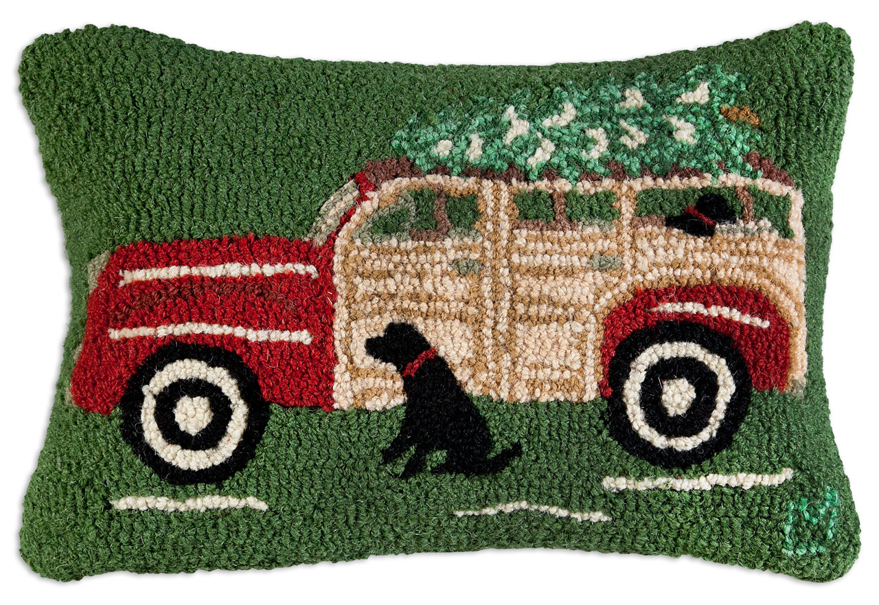 Red Woody Wagon 14" x 20" Wool Hooked Pillow