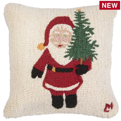 Santa with a Tree 18" Wool Hooked Pillow