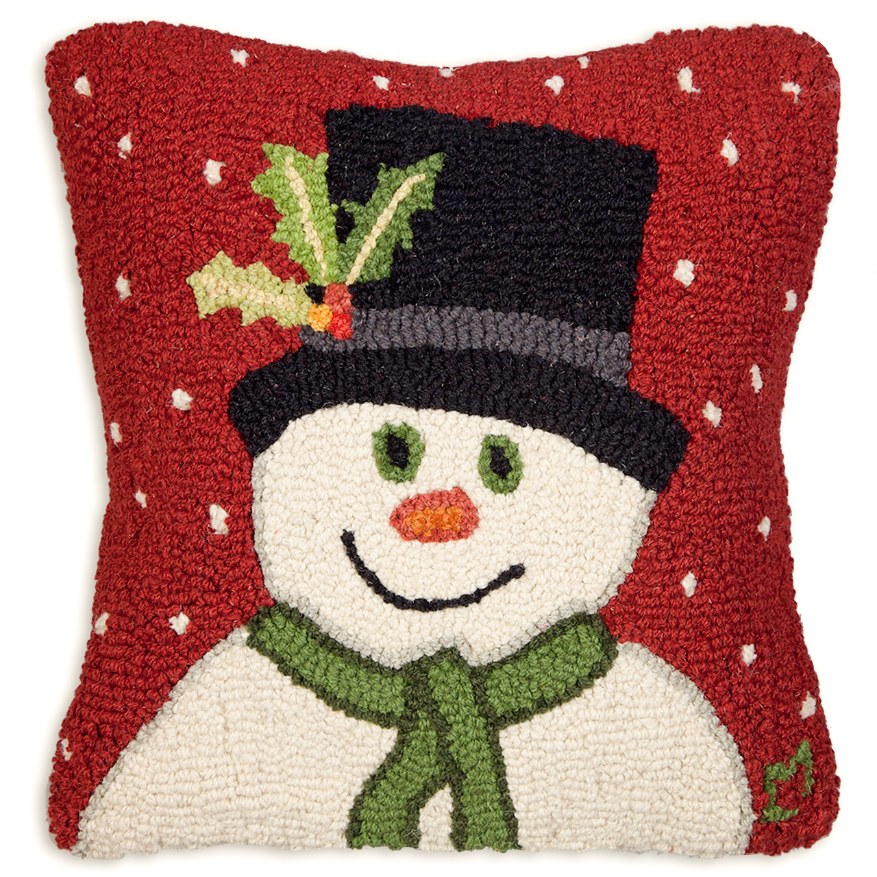 Snowman with Top Hat 18" Wool Hooked Pillow