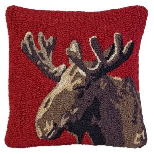 Velvet Moose on Red 18" Wool Hooked Pillow